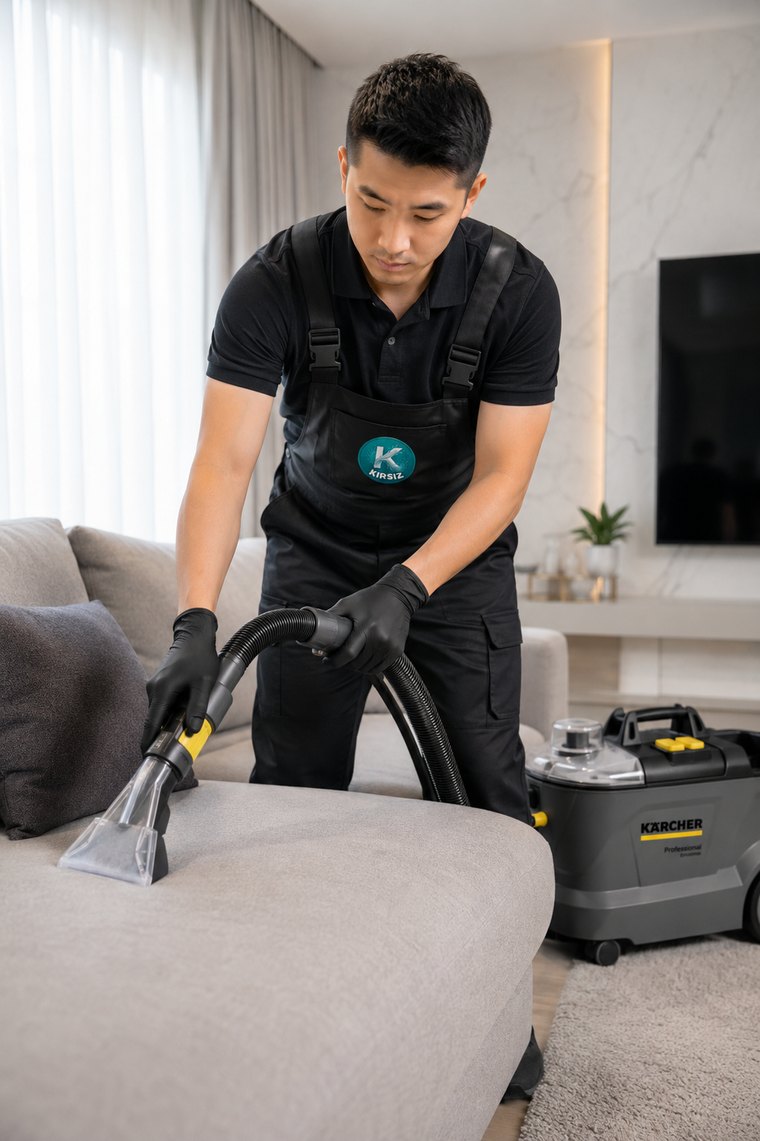 Мастер KIRSIZ чистит диван экстрактором Karcher на дому в Алматы