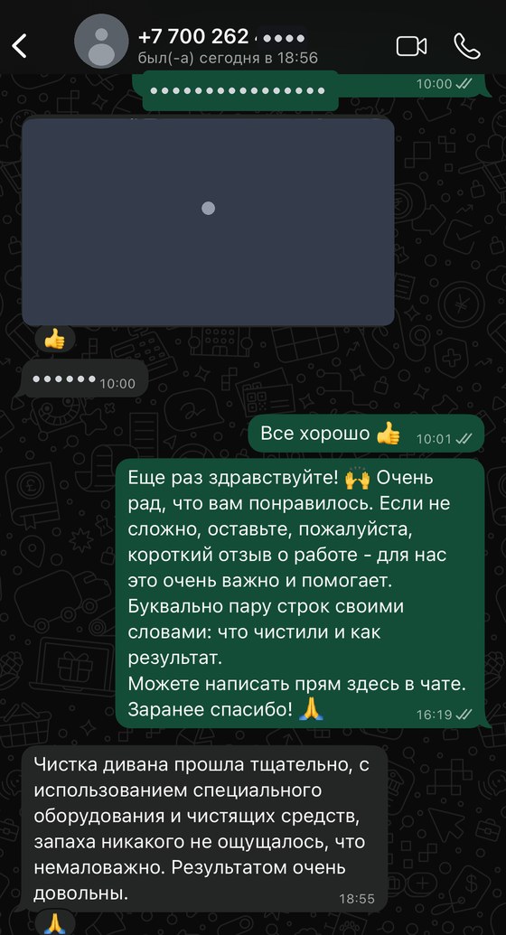 Отзыв клиента KIRSIZ из WhatsApp — химчистка дивана на дому в Алматы, довольны результатом